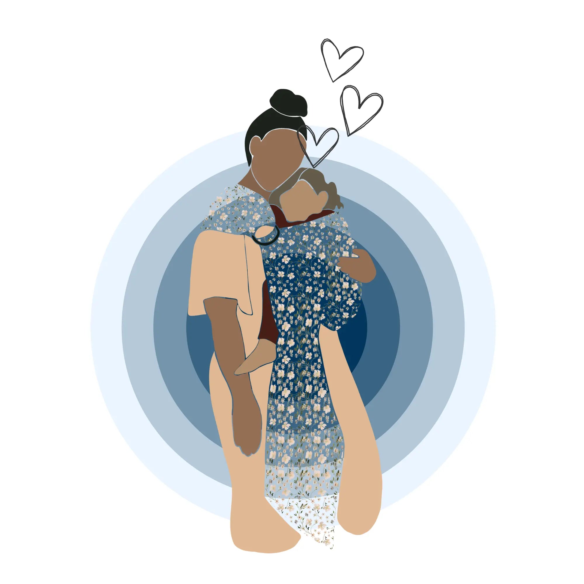 A cartoon of a brown-skinned woman wearing a child on her front in a ring sling. A gradient of blue circles is behind her with hearts rising  from her and her baby's faces.