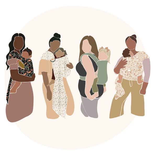 Animation of women in  different style baby carriers including a ring sling, baby wrap, meh dai, and buckle carrier